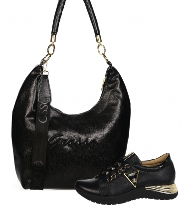 Akciós fekete bőr tornacipő szett OLIVIA DTE3500 felirattal + kézitáska fekete AISHA
